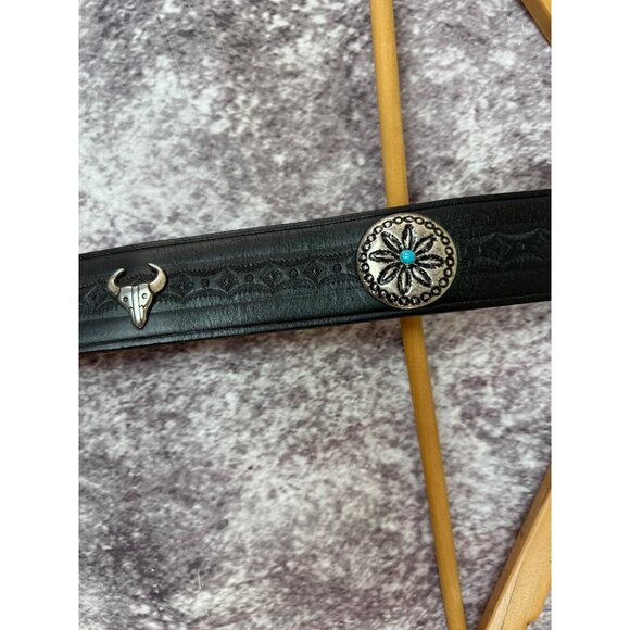 Leather Belt Silver womens M 34"L Black Buckle Bull Conchos Turquoise Western - Picture 8 of 14